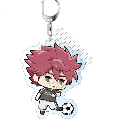 Pink-haired chibi keychain from game inazuma eleven featuring shuya fubuki in black and white acrylic soccer uniform