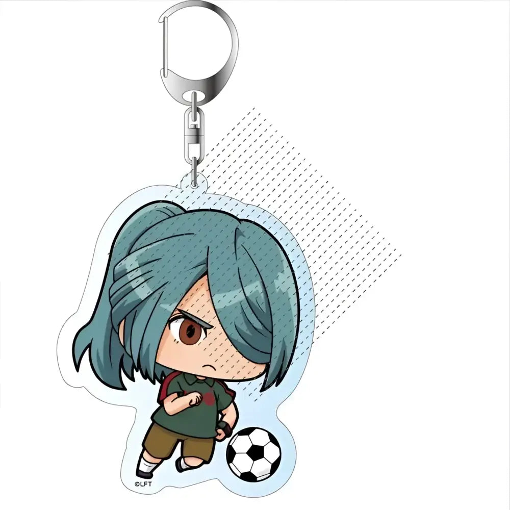 Acrylic keychain featuring chibi teal haired character with brown eyes and soccer ball from game Inazuma Eleven