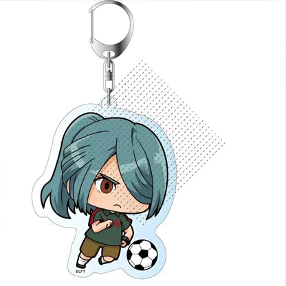 Acrylic keychain featuring chibi teal haired character with brown eyes and soccer ball from game Inazuma Eleven