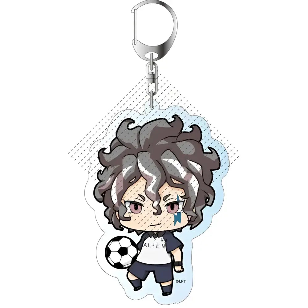 Silver-toned acrylic keychain featuring chibi shūya fubuki in soccer uniform holding a black and white football from game inazuma eleven 11