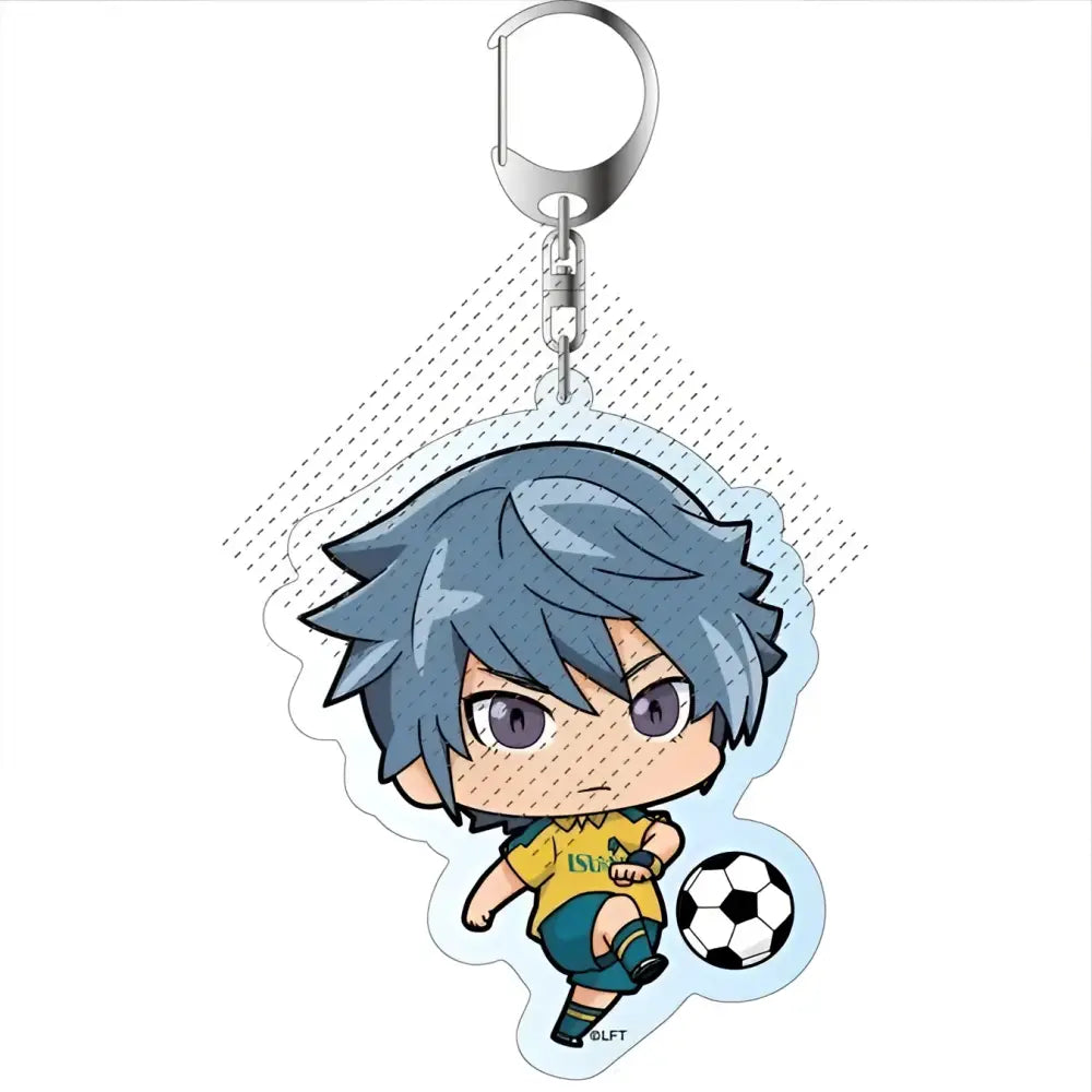 A blue-haired chibi soccer player acrylic keychain from game inazuma eleven with yellow jersey and black and white ball