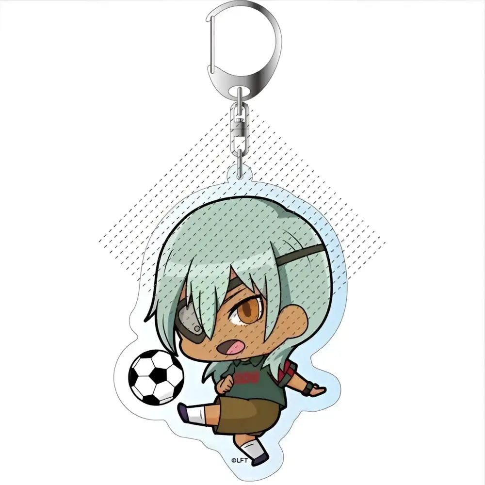 A translucent acrylic keychain featuring a chibi shunya fubuki with green hair kicking a soccer ball from inazuma eleven