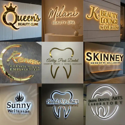 Glossy gold and white acrylic 3d led backlit sign for beauty and dental clinics with free design and final price display