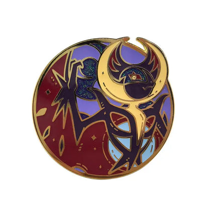 Gengar anime elf enamel pin with golden crescent moon and black purple wings on red blue cosmic background