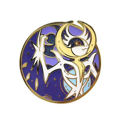 A circular enamel pin featuring a gengar anime elf with golden horns and white wings on a purple starry background