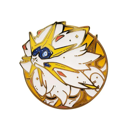 Circular enamel pin featuring a stylized golden and white gengar anime elf with blue starry eyes cartoon brooch