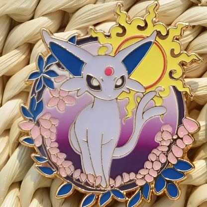 Gengar anime elf enamel pin featuring a white and blue eevee with a red dot surrounded by pink flowers and gold leaves