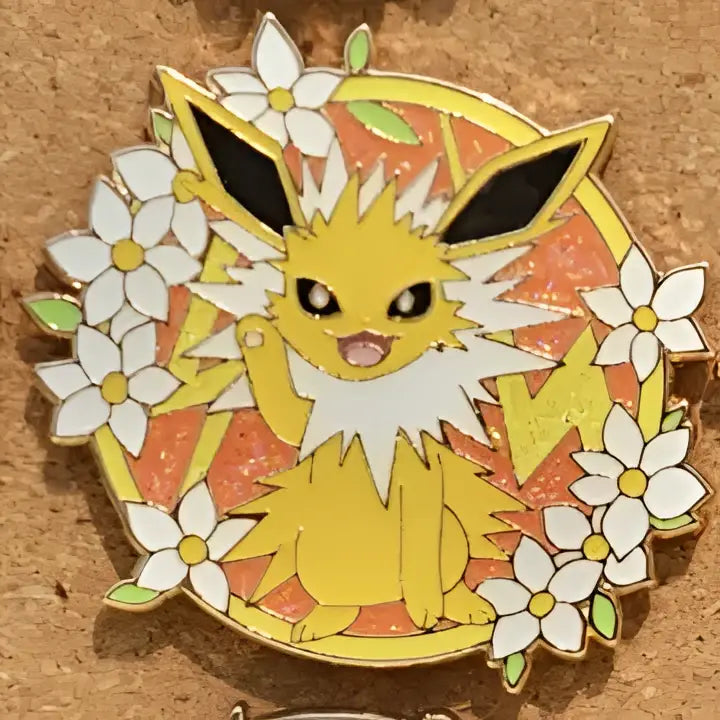 Yellow jolteon enamel pin with orange gold background and white flowers for gengar anime elf brooch collection