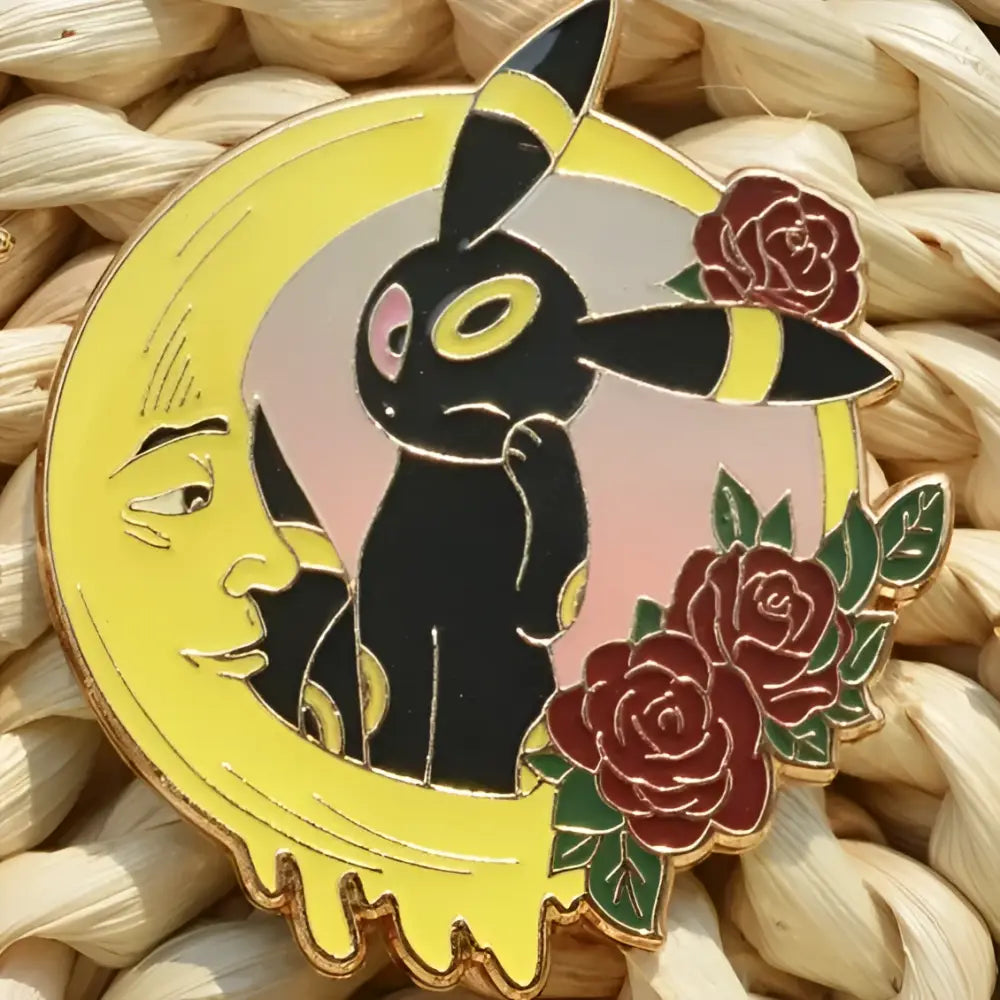 Gengar anime elf enamel pin featuring black and yellow umbreon design with crescent moon face red roses and gold trim