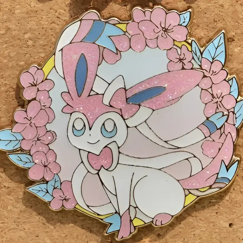 Gengar anime elf enamel pin featuring a pink and white glittery sylveon design surrounded by pink blossoms and blue leaves