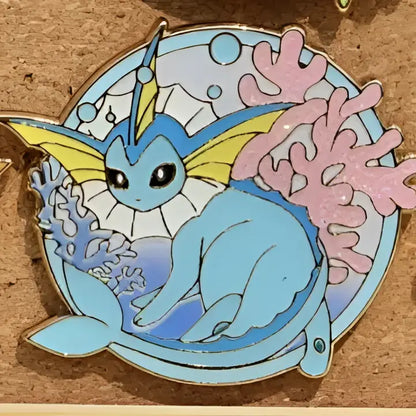 Gengar anime elf enamel pin featuring a light blue and yellow eevee with a fish tail surrounded by coral design