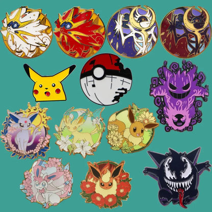A collection of colorful circular enamel pins featuring gengar anime elf and popular pokémon designs