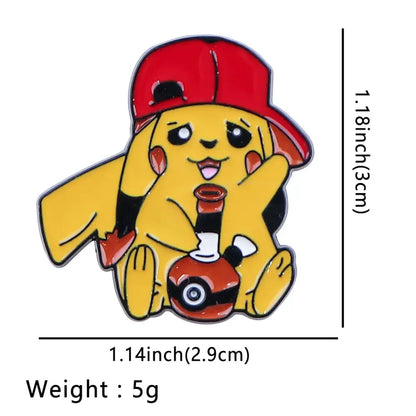 Gengar anime enamel lapel pin featuring a yellow pikachu with a red cap holding a red and black bong with enamel finish