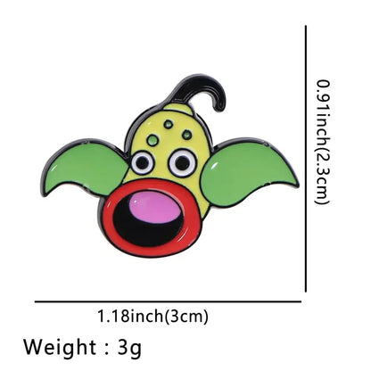 A colorful kawaii elf anime enamel lapel pin featuring a green creature with bat wings and enamel finish