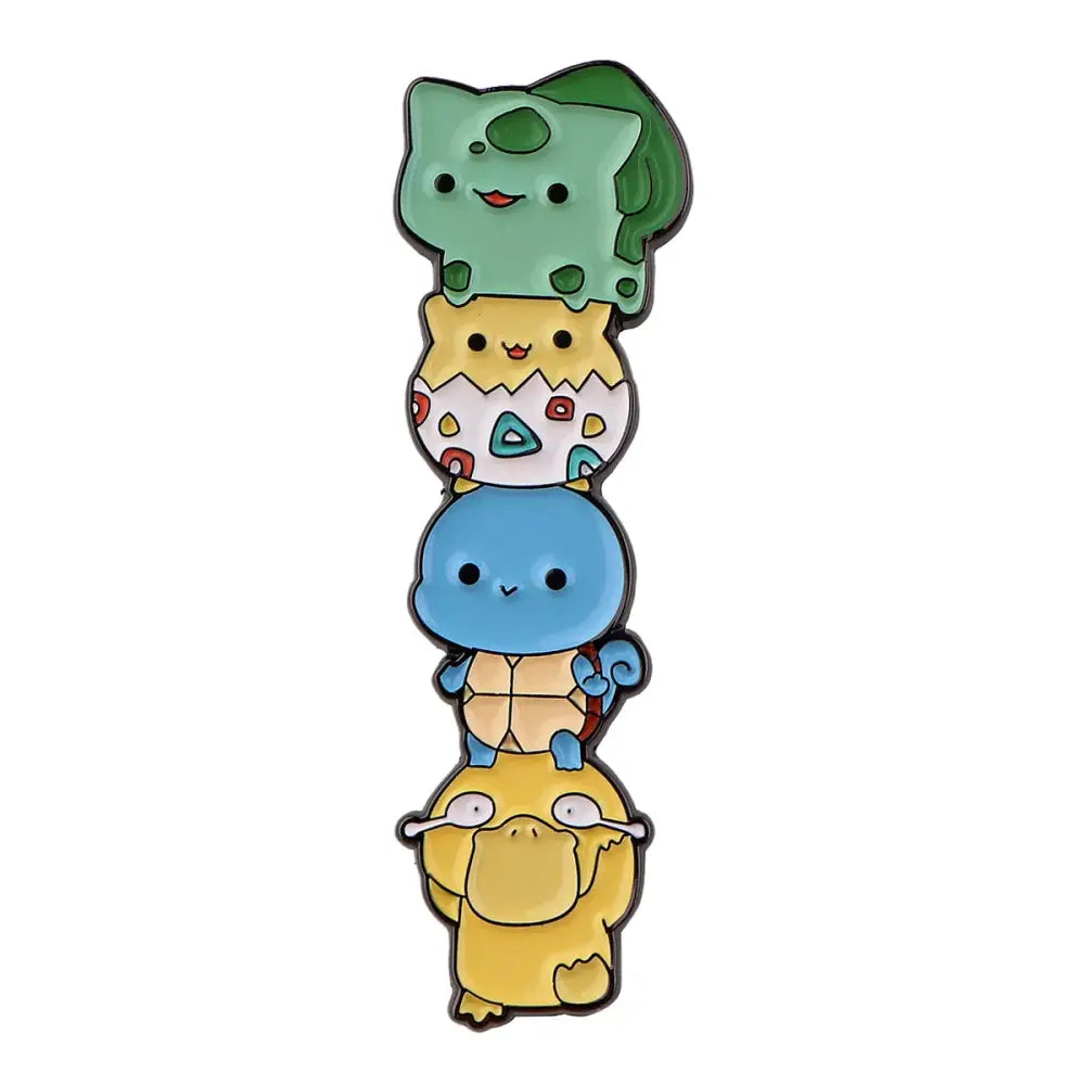 Stacked vertical pin with four kawaii elf pokémon characters bulbasaur charmeleon squirtle psyduck anime enamel finish
