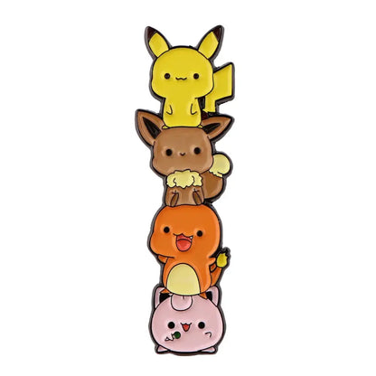 A kawaii elf anime enamel lapel pin with enamel finish featuring vertically stacked chibi pikachu eevee charmander and jigglypuff