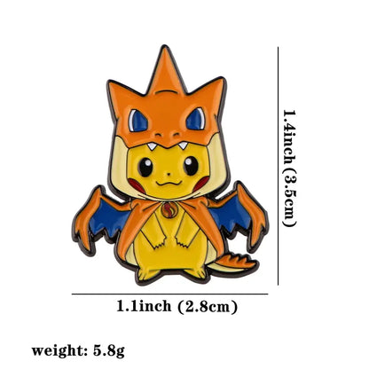 A charming orange and yellow anime enamel pin with kawaii elf design featuring pikachu as charizard with enamel finish