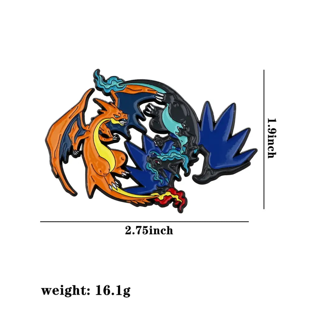 A vibrant anime enamel pin with enamel finish featuring charizard and mega charizard x in fiery kawaii elf style