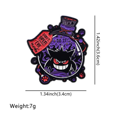 Purple and black enamel anime enamel gengar lapel pin with skull hat and paw prints featuring kawaii elf design