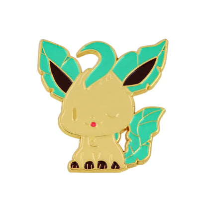 Golden anime enamel lapel pin featuring a kawaii elf eevee with turquoise leaf ears and enamel finish details