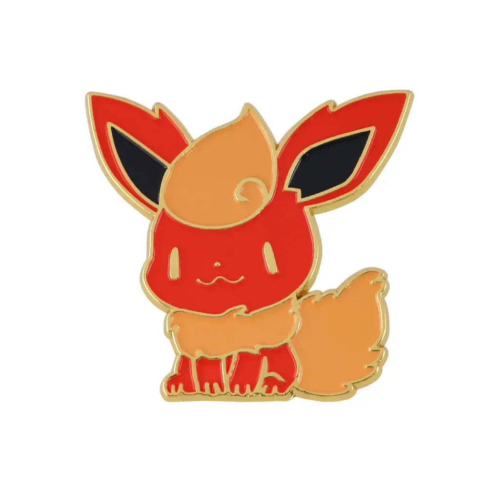 Red and orange anime enamel lapel pin featuring a kawaii elf eevee with black inner ears and gold trim enamel finish