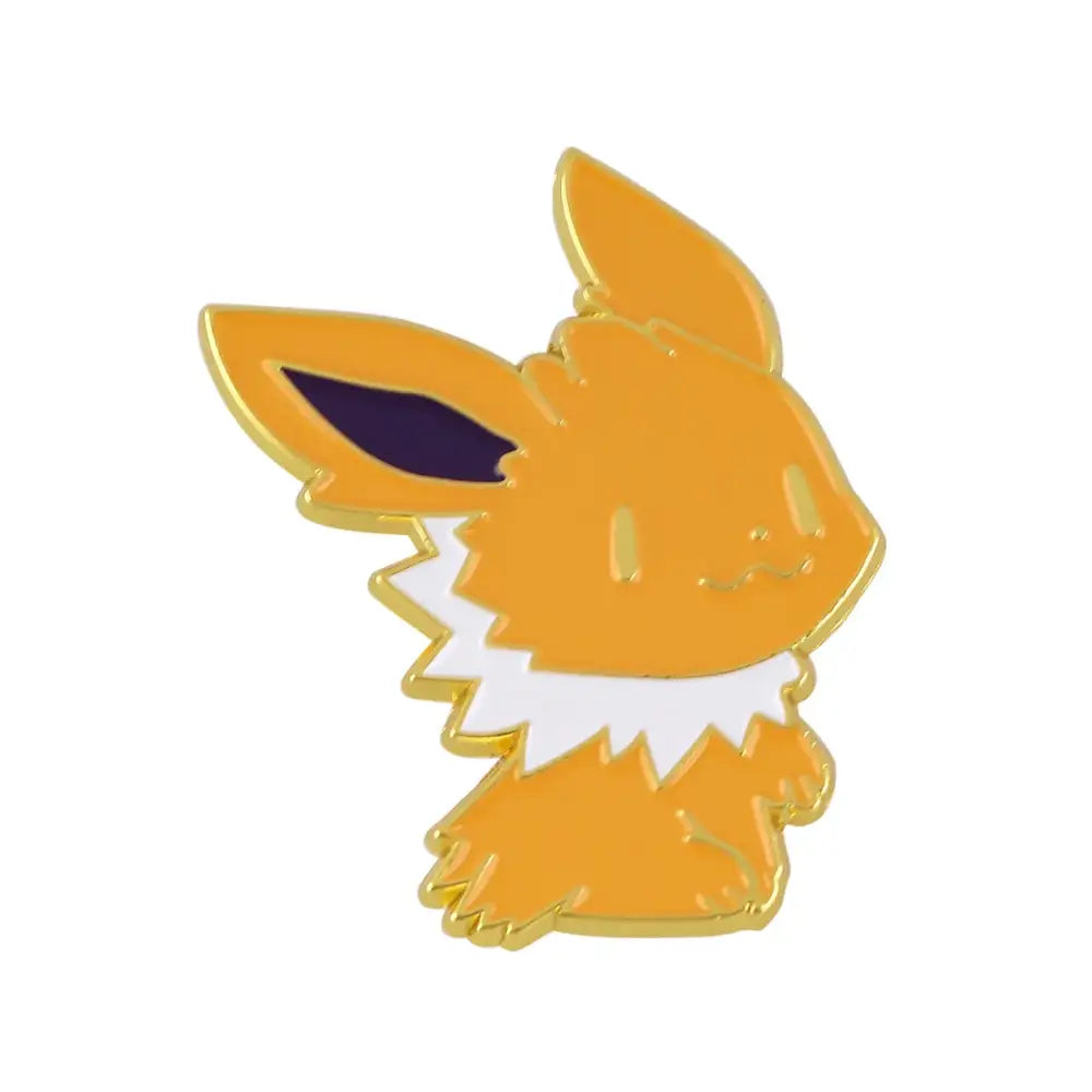 Orange and gold enamel lapel pin featuring eevee with purple ears and white collar in kawaii elf anime enamel finish