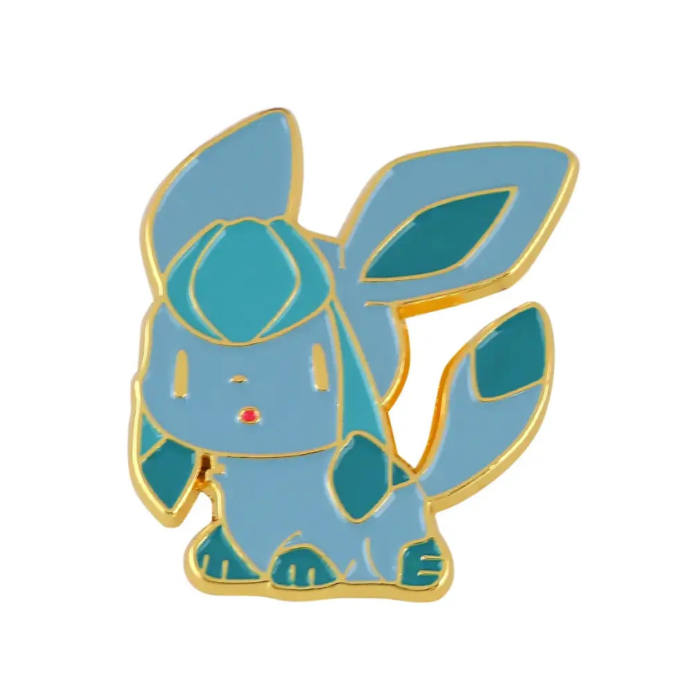 A blue and teal anime enamel lapel pin featuring glaceon with gold-trimmed edges and kawaii elf enamel finish
