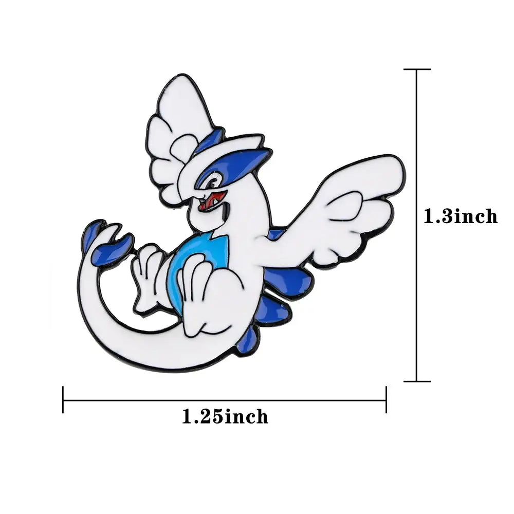 White and blue metallic enamel pin of lugia with detailed wings and tail featuring an anime enamel finish for kawaii elf fans