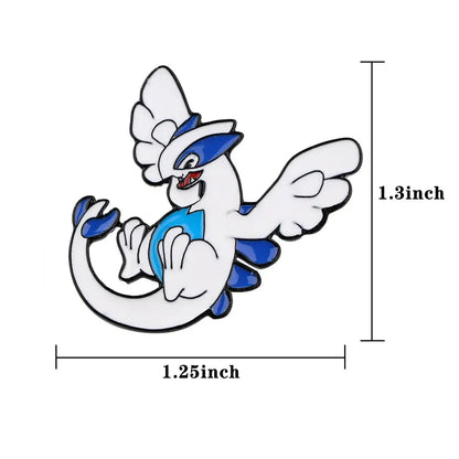 White and blue metallic enamel pin of lugia with detailed wings and tail featuring an anime enamel finish for kawaii elf fans