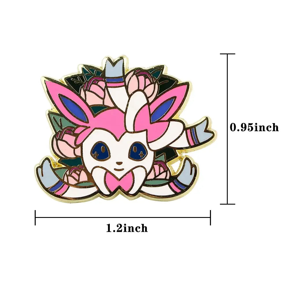 Colorful sylveon anime enamel lapel pin with kawaii elf design pink white fur floral accents and enamel finish