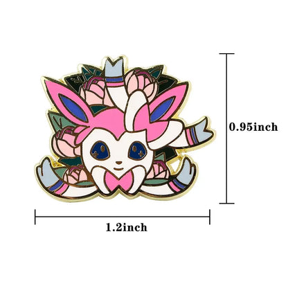 Colorful sylveon anime enamel lapel pin with kawaii elf design pink white fur floral accents and enamel finish