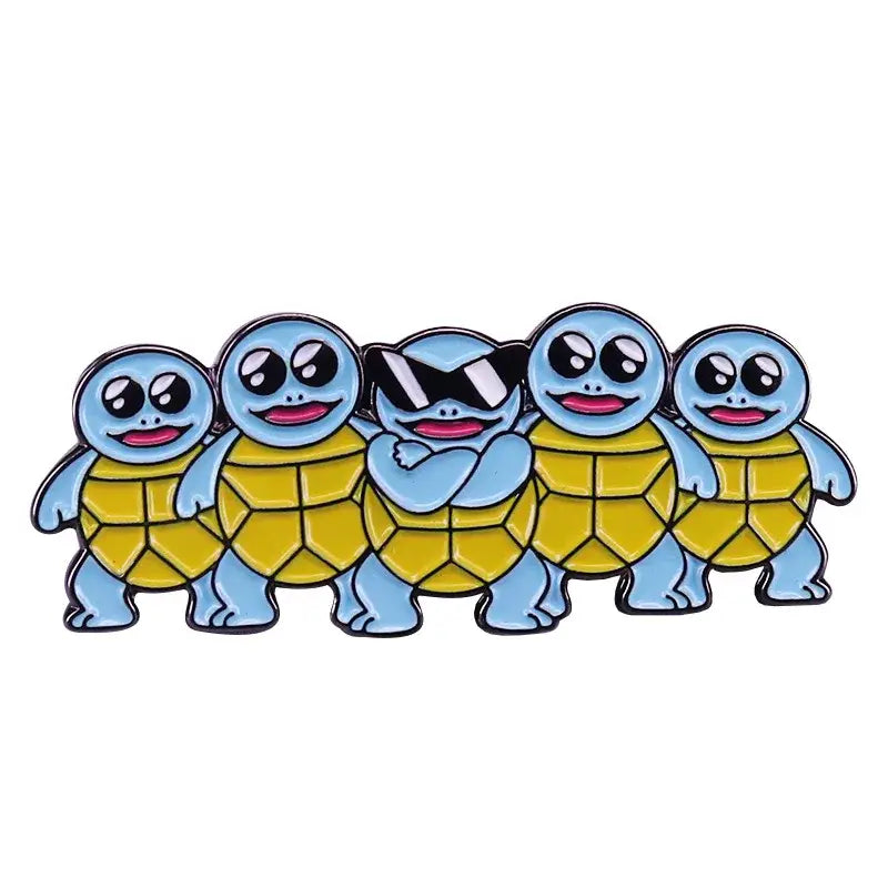 A set of five blue and yellow squirtle anime enamel pins with enamel finish featuring one kawaii elf wearing black sunglasses