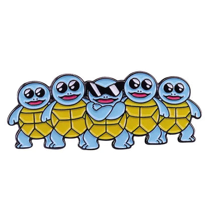 A set of five blue and yellow squirtle anime enamel pins with enamel finish featuring one kawaii elf wearing black sunglasses