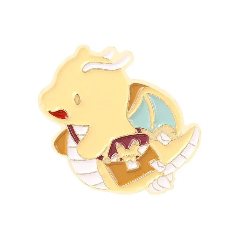 Yellow kawaii elf anime enamel lapel pin with enamel finish featuring a dragon with blue wings and a briefcase fox