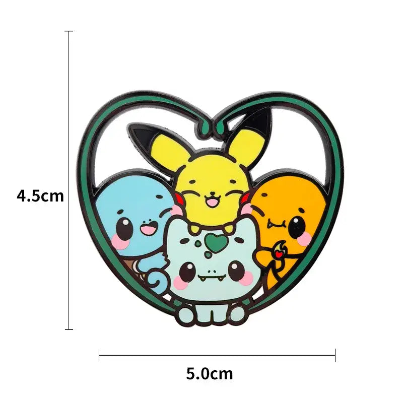 Heart-shaped anime enamel pin with kawaii elf design featuring pikachu squirtle bulbasaur and charmander with enamel finish