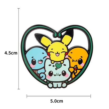 Heart-shaped anime enamel pin with kawaii elf design featuring pikachu squirtle bulbasaur and charmander with enamel finish