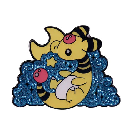 Yellow and black striped koffing anime enamel pin with kawaii elf pink cheeks and glittery blue cloud enamel finish