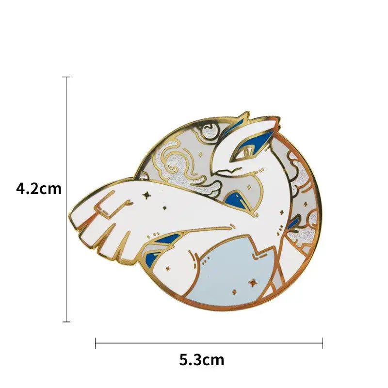 White and blue kawaii elf anime enamel lapel pin with gold accents and glossy enamel finish featuring stylized creature
