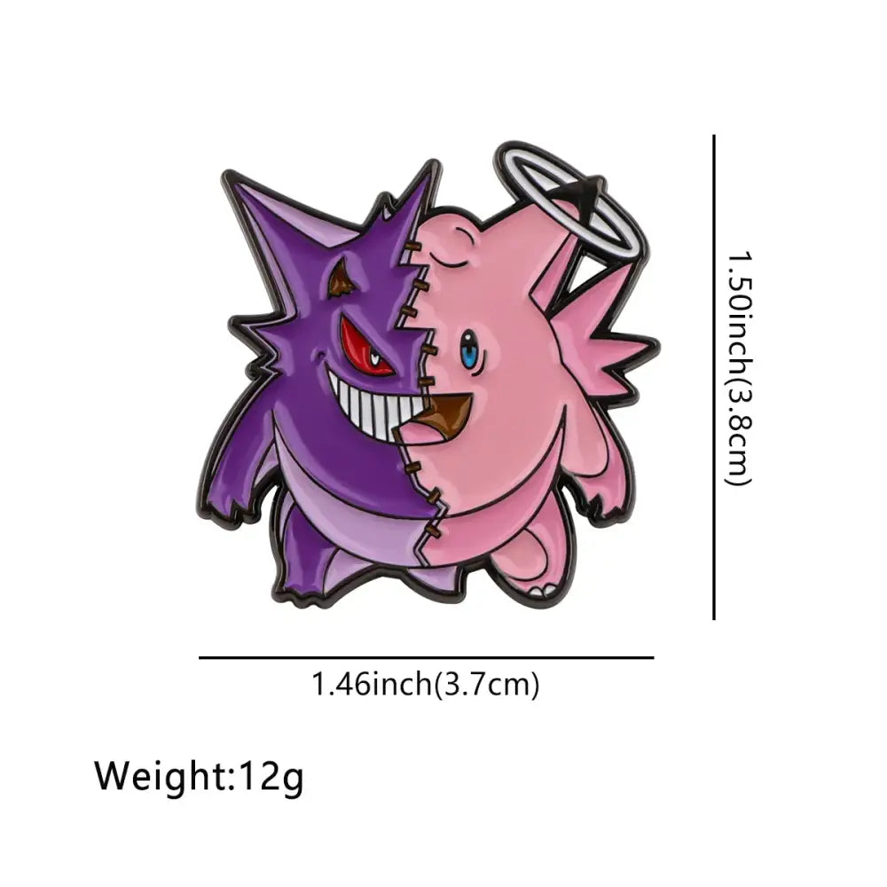 Kawaii elf gengar anime enamel lapel pin with split purple and pink design and detailed enamel finish
