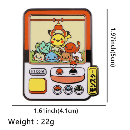 Colorful anime enamel pin with enamel finish shaped like a kawaii elf pokémon claw machine featuring pikachu