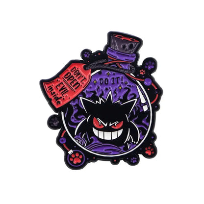 Purple and black anime enamel gengar lapel pin with enamel finish featuring kawaii elf design in a potion bottle