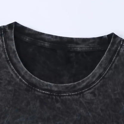 Black distressed cotton oversized t-shirt with faded textured finish and ribbed neckline featuring Gengar ghost design