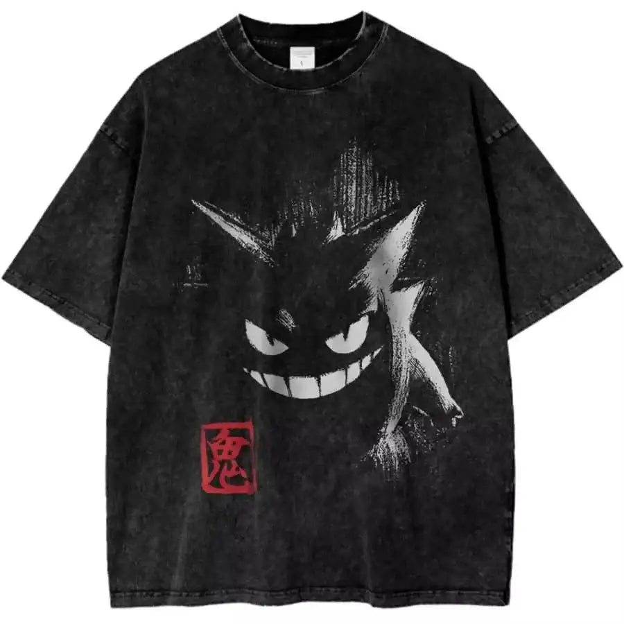 Black distressed cotton Gengar ghost oversized t-shirt with bold white and gray illustration and red kanji character below