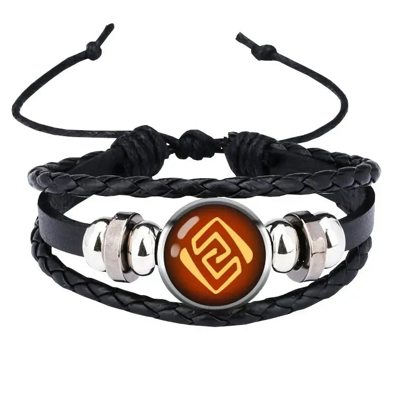 Black braided leather genshin impact vision bracelet with orange gold emblem and silver beads element leather bangle