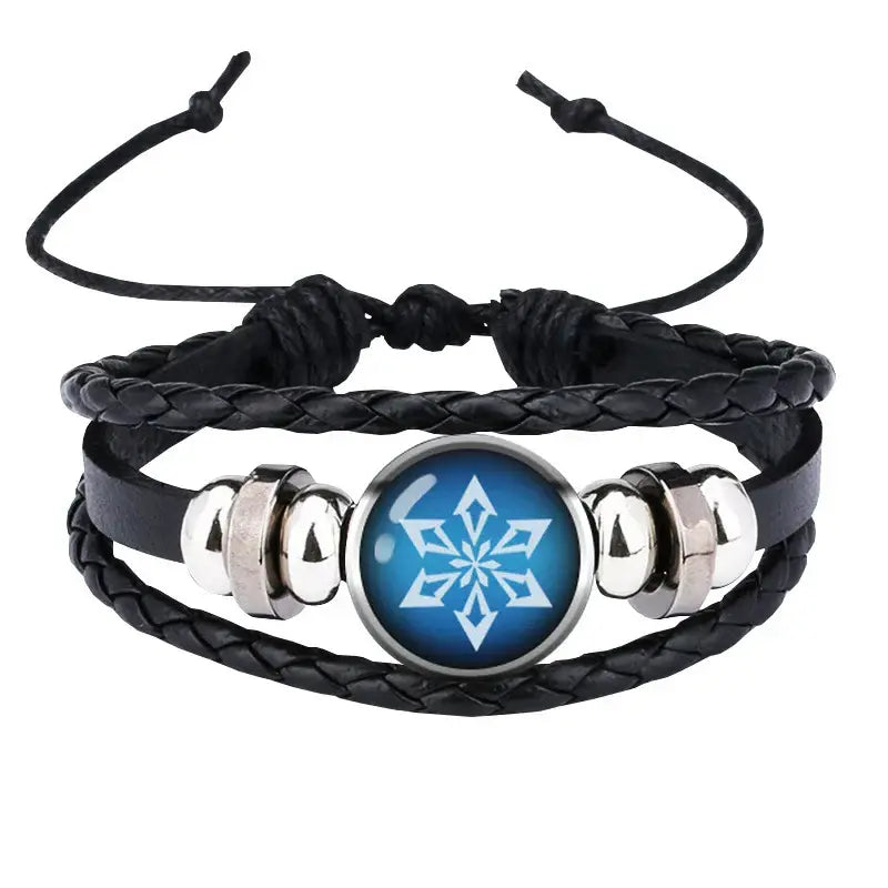 Black braided element leather bracelet with blue snowflake emblem and silver beads from genshin impact collection