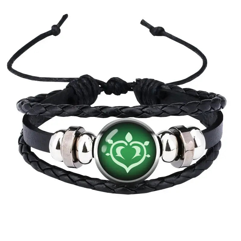 Black braided leather bracelet with green emblem and silver beads genshin impact 7-element leather bangle