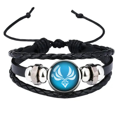 Genshin impact element leather bracelet featuring black braided leather and turquoise charm with white bird emblem