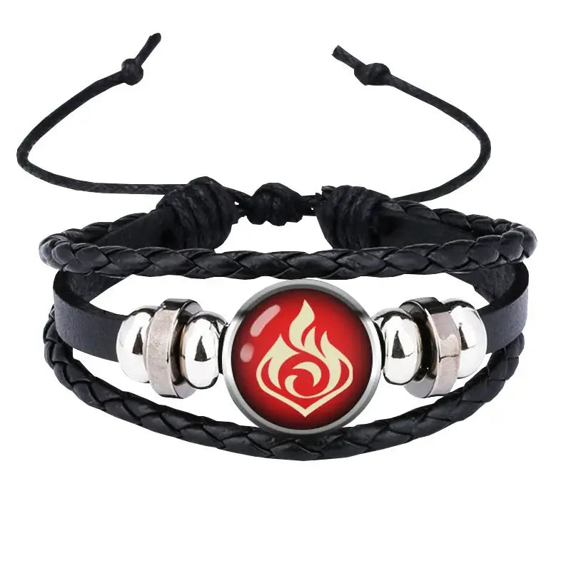 Genshin impact element leather bracelet with black braided band and red flame emblem in silver bezel with metallic beads