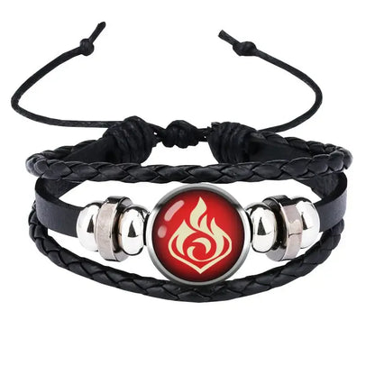Genshin impact element leather bracelet with black braided band and red flame emblem in silver bezel with metallic beads
