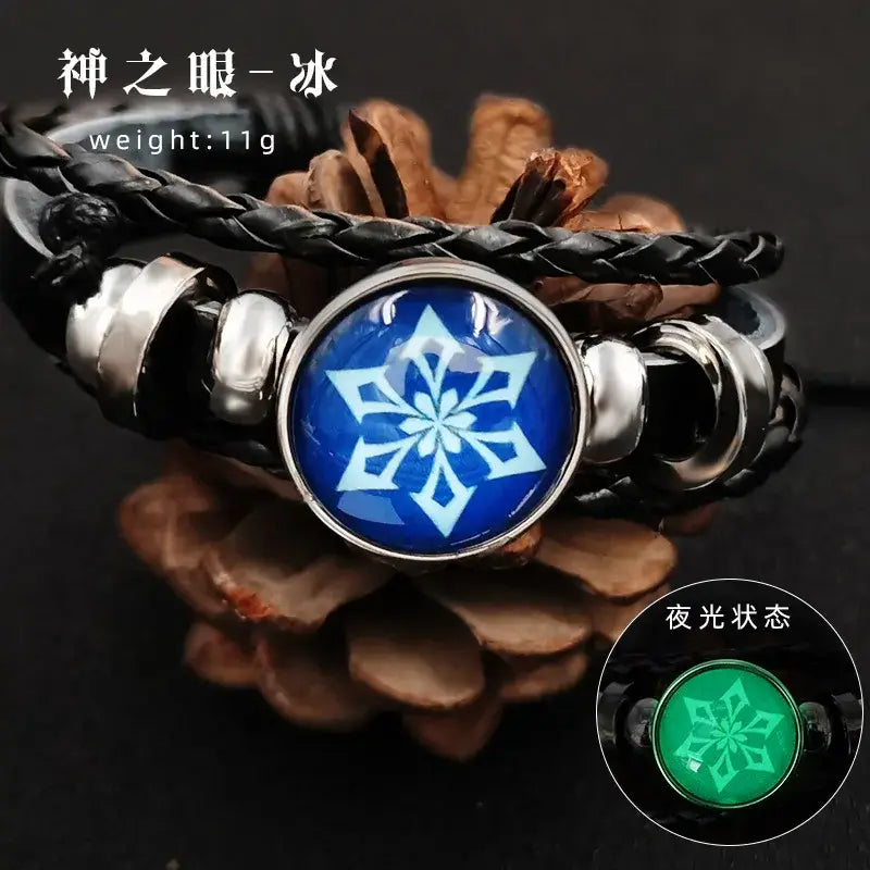 Black braided leather genshin impact element leather bracelet with blue white snowflake charm and silver metal beads